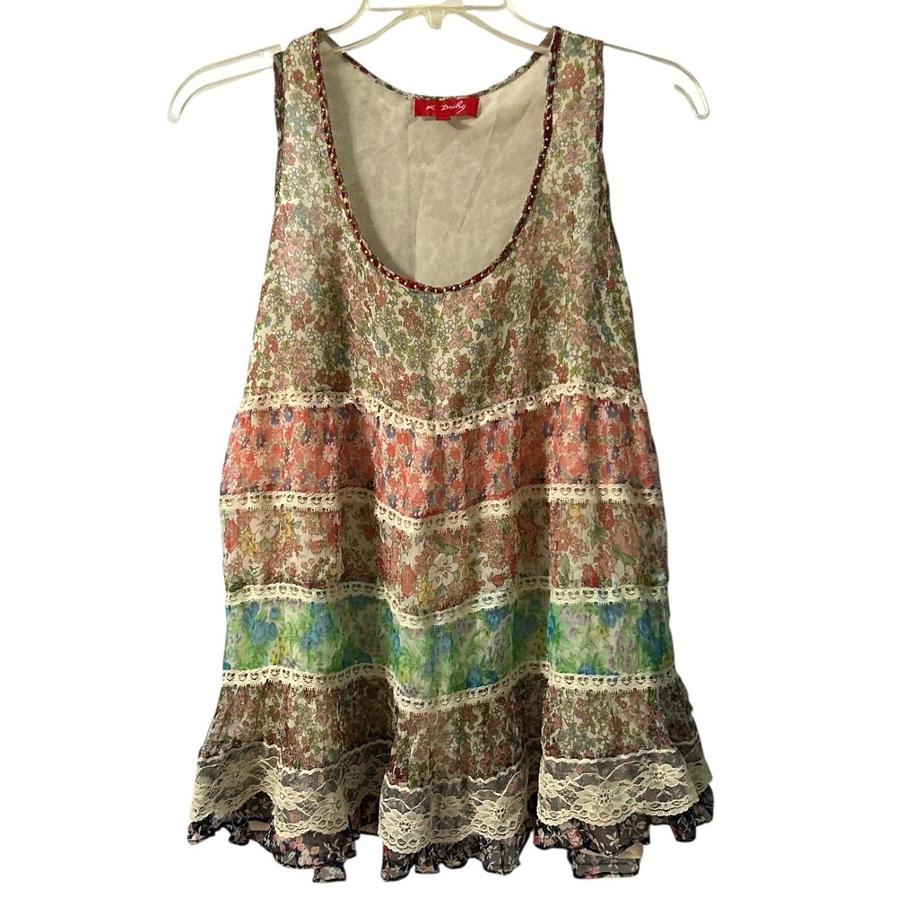 Rene Derhy Boho Patchwork Babydoll Swing Top Chiffon Lace Sleeveless Size Medium